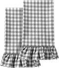 HunnmingRe 2 Pcs Gray Gingham Kitchen Towels Cotton Ruffled | Checked Dish Towels 18"x28" Tea Cloths Plaid Cottage Core Kitchen Decor for Farmhouse Charm Drying Dishes Entertaining Guests