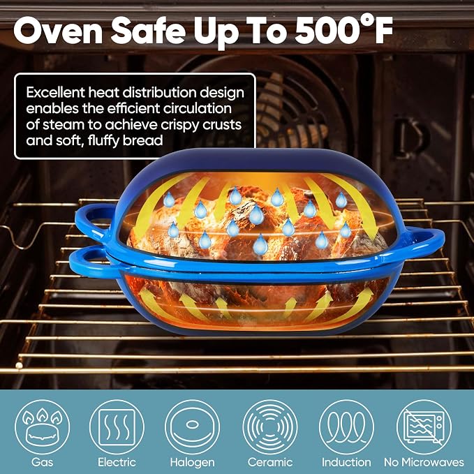 TeamFar Enameled Cast Iron Bread Loaf Pan, 2 QT Oval Dutch Oven with Lid | for Sourdough Bread Baking, Enameled Meatloaf Loaf Baking Pan with Lid, Even Heat Distribution & Self-Basting, Blue