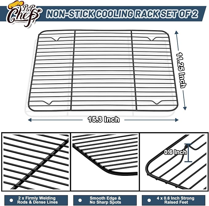 P&P CHEF 15.3" x 11.25" Cooling Baking Wire Racks Pack of 2, Black | Stainless Steel Cooling Racks for Cooking Baking Roasting Grilling Drying, Dense Wires & Smooth Edge, Easy Clean & Rust Proof