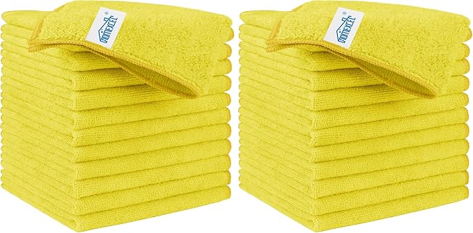 HOMEXCEL Yellow Microfiber Cleaning Cloth, 24 Pack Premium Microfiber Towels for Cars, Lint Free, Highly Absorbent, Reusable Cleaning Rags for Car, Household, Kitchen, Window, 11.5"X11.5"