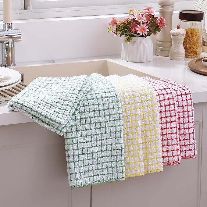 Mordimy Cotton 6 Pack Terry Kitchen Towels, 16 x 25 Inches | Super Soft and Absorbent Dish Towels, Quick Drying Hand Towels for Kitchen Drying, Red/Yellow/Green