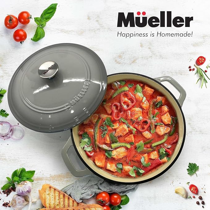 MUELLER HOME 7.5 QT Enameled Cast Iron Dutch Oven, Heavy-Duty, Oven-Safe up to 500° F & Across All Cooktops, Casserole Dish and Braiser Pan with Lid and Stainless Knob, Grey | Heavy-Duty, Oven-Safe up to 500° F, All Cooktops Compatible, Casserole Dish ...