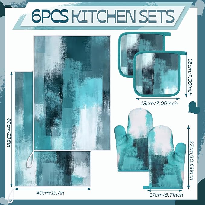 Bencailor 6 Pcs Teal Kitchen Accessories Teal Kitchen Towels Pot Holders and Oven Mitts Turquoise Farmhouse Cooking Mittens Oven Glove and Potholder for Baking Cooking Grilling Supply Accessories