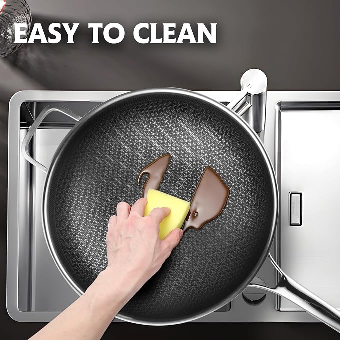 SNOWCLAD Wok, 13 Inch Hybrid Woks & Stir-fry Pans Nonstick with Double Handles, Non Toxic Stainless Steel Wok Pan with Lid, Dishwasher Induction Oven Broiler Safe