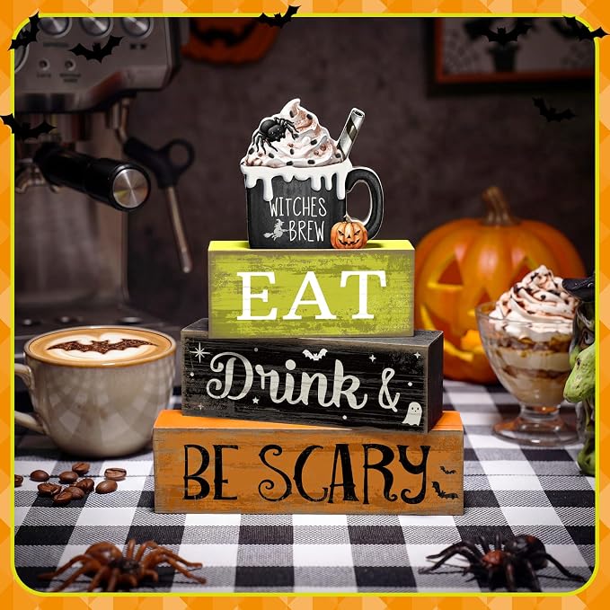 Lineshading 4 Pcs Halloween Wooden Block Signs, Eat Drink Be Scary Decor | Stackable Tiered Tray Decor for Farmhouse Table, Witches Brew Mug Topper, Rustic Wood Signs for Coffee Bar or Mantel