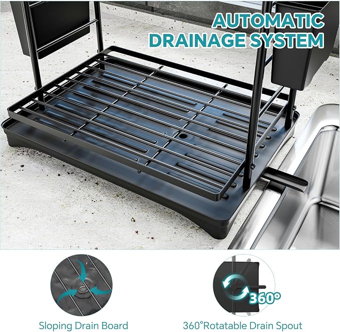 Simple Trending Dish Rack, Dish Drying Rack 2 Tier, Stainless Steel Dish Drainers with Utensil Holder and Drainboard for Kitchen Sink Organizers, 11.875" W x 16.625" D, Black