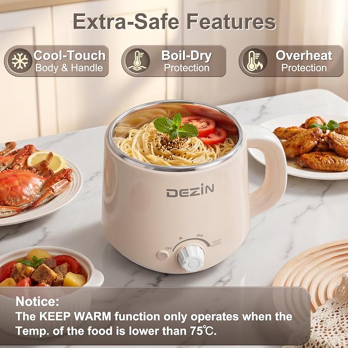 Dezin 1.6L Electric Pot with Steamer, Stainless Steel Pot with Dual Power | Keep Warm, Rapid Cooker, for Ramen, Egg, Dumpling, Soup & Oatmeal, Overheat & Boil-Dry Protection, Ideal for Dorm & Office