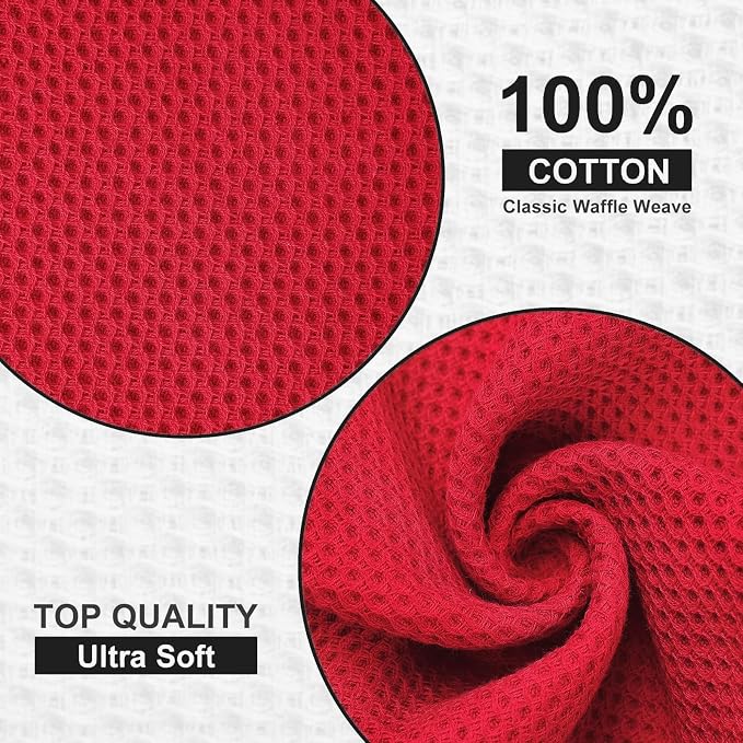 Kitinjoy 100% Cotton Kitchen Dish Cloths, 6 Pack Waffle Weave Ultra Soft Absorbent Dish Towels for Drying Dishes Quick Drying Kitchen Towels Dish Rags, 12 X 12 Inches, Red | Ultra Absorbent, Super Soft, lightweight, Quick Drying Dish Rags for Washing D...