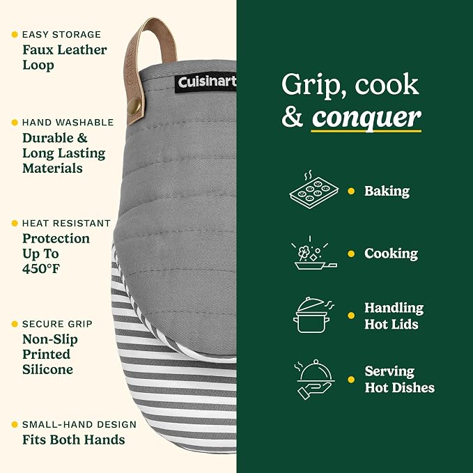 Cuisinart Mini Oven Mitts, 2-Pack 5.5"x8", Printed Silicone, 450F | Non-slip grip stripes, faux leather hang loop, cotton lining for comfort, ambidextrous for baking, cooking, and cast iron