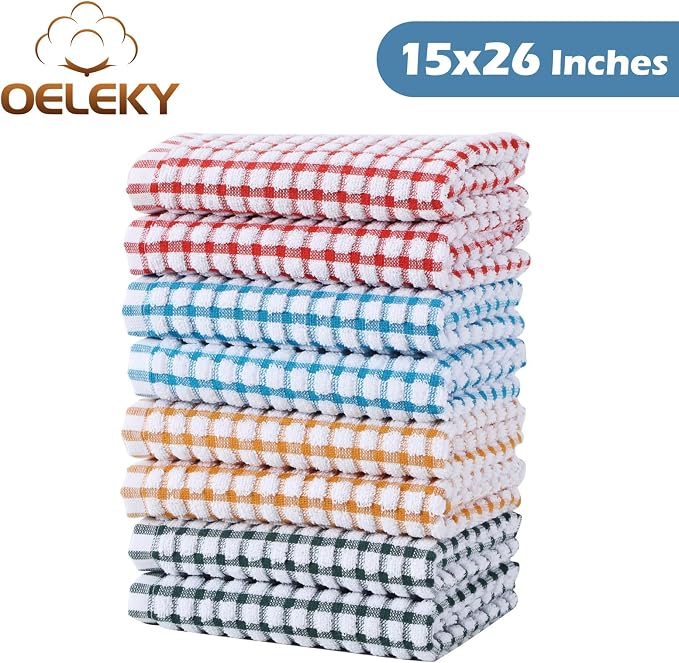 Cotton Kitchen Towels 8 Pack, 15x26 Checkered Dish Towels | Highly absorbent terry cloth towels for drying dishes, wiping spills, and kitchen cleaning. Machine washable and quick dry