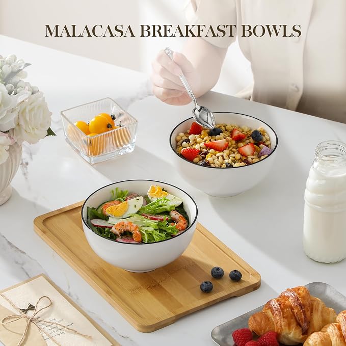 MALACASA 26 Oz Ceramic Cereal Bowls Set of 6 - White Bowl wtih Black Rim | Perfect for soup, cereal, ramen, rice, oatmeal & salad; Scratch-resistant; stackable, microwave, oven & dishwasher safe