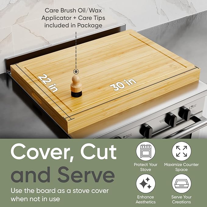 Noodle Board Stove Cover Cutting Board with Handle - Stove Top Cover with Care Brush FSC Certified - Multiuse Gas Stove Cover Board for Serving Chopping Decorating, 30”x22”(Outer) / 28.5”x20.5”(Inner)