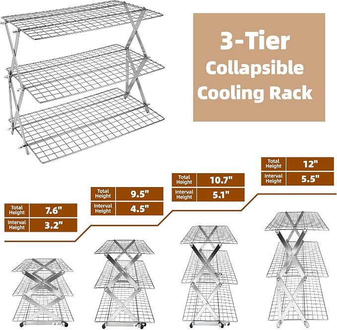 3 Tier Collapsible Cooling Rack Sourdough Cooling Rack 17"x10" | Cooling Racks for Cooking and Baking, Roasting, Grilling, Adjustable 6 Setting Design stackable, Oven & Dishwasher Safe