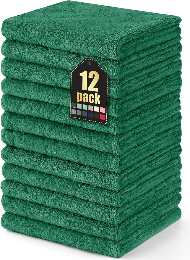 Homaxy 12 Pack Super Soft Absorbent Dish Cloths, 13" x 19", Dark Green | Coral Velvet, Nonstick Oil Fast Drying Microfiber Cleaning Cloth, No Lint Dishcloths for washing and drying