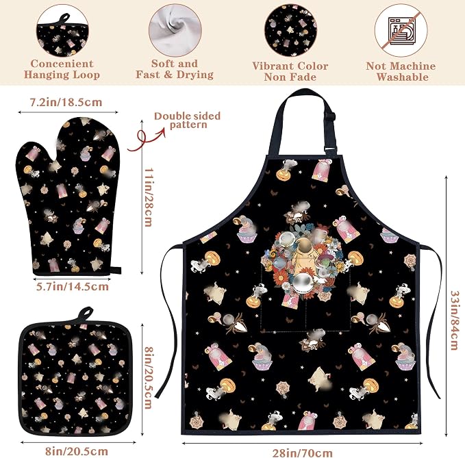 Night Christmas Gifts,Magic Pattern Wooden Cooking Spoons with Apron Oven Mitt Potholder-Halloween Kitchen Decor Cooking Utensils 9pcs,Night Gift for Fans,Women,Mother's Day,Housewarming