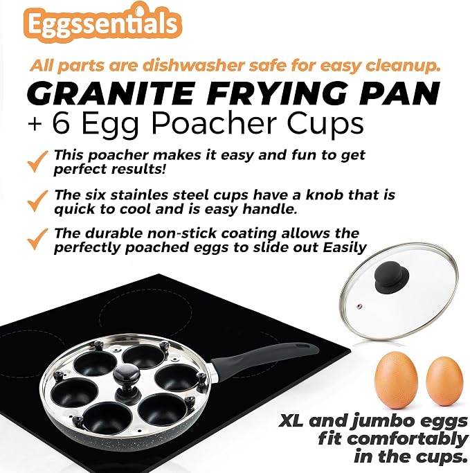 2 IN 1 Egg Poacher Pan & Large Frying Pan - Poached Egg Maker, Granite Egg Poacher with 6 Cups - Egg Pan - 10 Inch Frying Pan Nonstick Omelette Pan