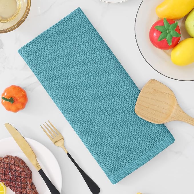 Homaxy 100% Cotton Waffle Weave Kitchen Dish Towels 4-Pack, Lake Blue | 13 x 28 Inches, Ultra Soft Absorbent Dish Towels, Quick Drying Cleaning Towels