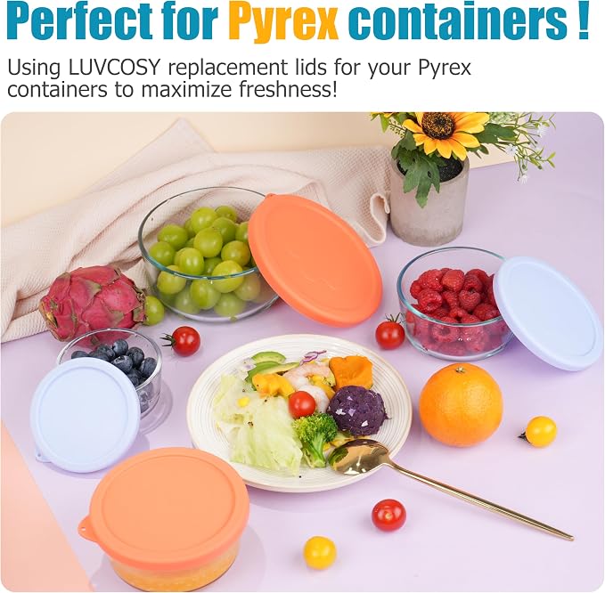 LUVCOSY 1 Cup 2 Cup 4 Cup Round Silicone Replacement Lids for Pyrex 7202-PC, 7200-PC, 7201-PC Glass Bowls, 6 Pack, Microwave & Dishwasher & Freezer Safe (Container not Included)