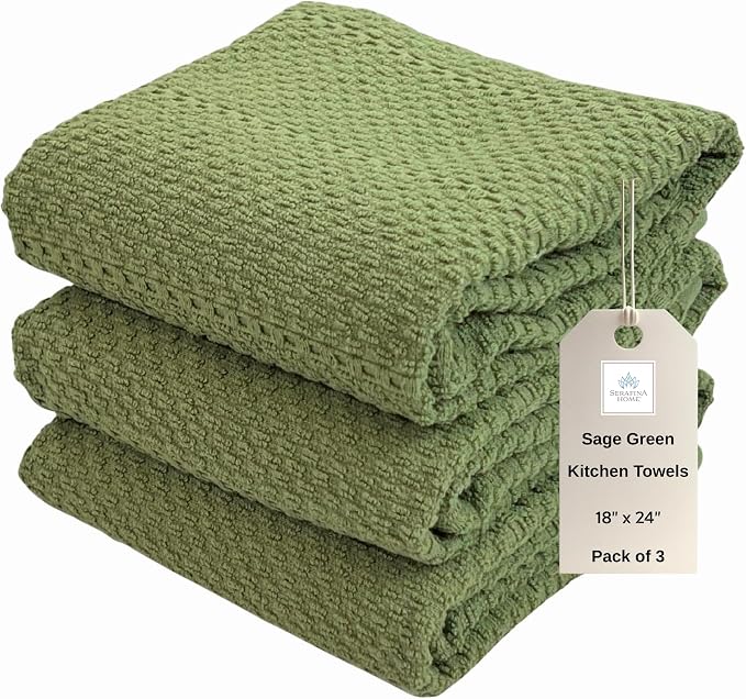 Dark Sage Green Kitchen Hand Dish Towels, Set of 3, 100% Cotton, 18" x 28" | Terry Loop Textured, Soft & Absorbent Cleaning Cloth, Quick Dry, Multipurpose for Everyday Use