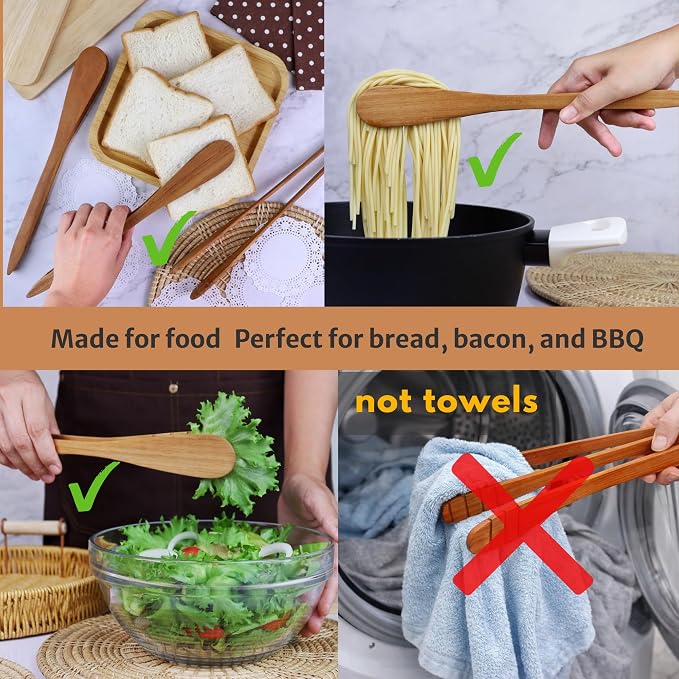 SarnThai Wood Tongs for Cooking, 12 Inch Handcrafted Teak Wood Toaster Tongs for Bread, BBQ, Meat, Salad, Pasta, Kitchen Serving