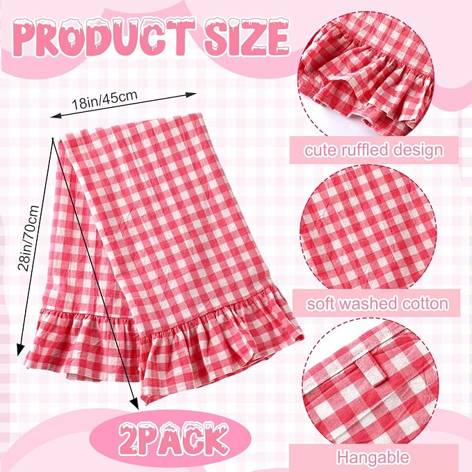 HunnmingRe 2 Pcs Watermelon Pink Gingham Kitchen Towels Cotton Ruffled | Checked Dish Towels 18"x28" Tea Cloths Plaid Cottage Core Kitchen Decor for Farmhouse Charm Drying Dishes Entertaining Guests