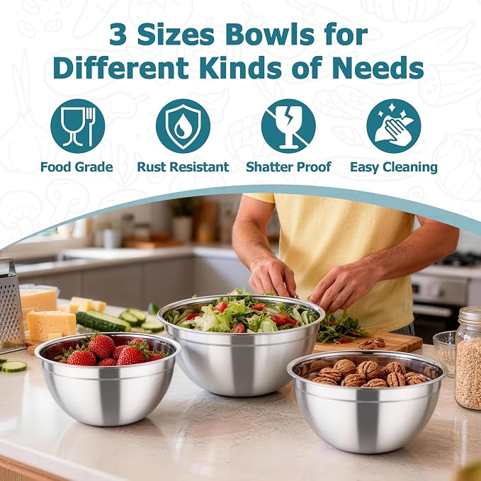 TeamFar Mixing Bowl Set, 4.5/3/1.5 QT Stainless Steel Nesting Salad Bowls | with Airtight Lids, For Serving/Mixing/Storing/Prepping, Non-Toxic & Sturdy, Visible & Easy Clean, Dark Blue, Set of 3