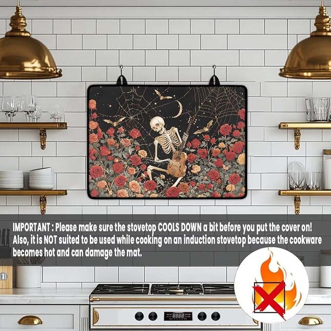 Halloween Skeleton Rose Cover for Electric Stove, Induction Cooktop Protector, Non-slip Dust-proof Dish Drying Mat, Portable tove Guard Protector, Heat Resistant Insulation Pad