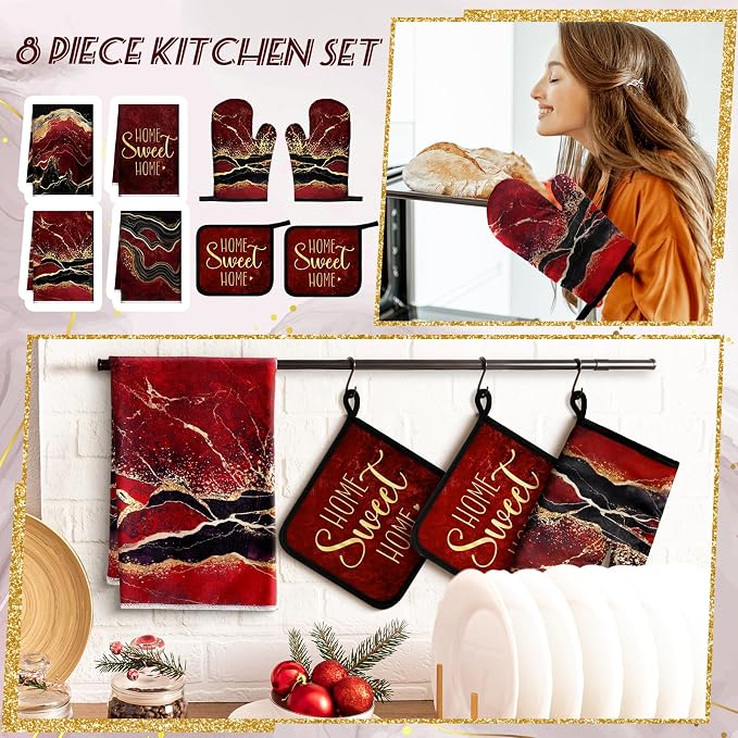 Leinuosen Burgundy and Gold Marble 8 Pcs Kitchen Towels and Dishcloths Sets Oven Mitts and Pot Holders Absorbent Kitchen Gloves Potholders Heat Resistant for Chef Baking Cooking
