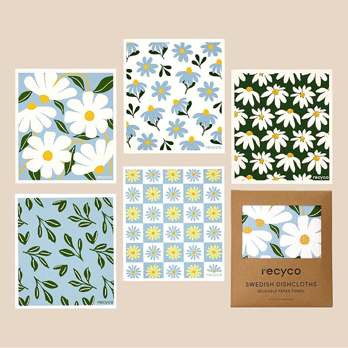 RECYCO Swedish Dishcloths for Kitchen | 5 Pack Daisy Dreams Washable Dish Rags | Cellulose Reusable Cleaning Paper Towels | Absorbent Counter Dish Cloth Sponge Kitchen Wipes, 8" L x 7" W