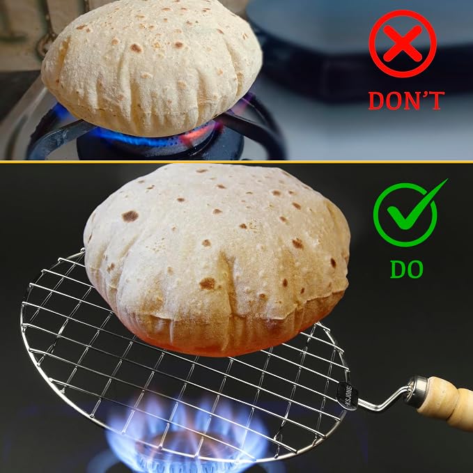 KSJONE Stainless Steel Multi-Functional Wire Steaming Cooling and Baking Barbecue Rack Round Wire Roaster Rack/Papad Jali/Roti Grill Round Shape with Wooden Handle