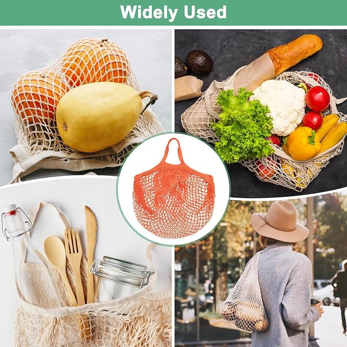 M METERXITY 1-Pack Cotton Mesh Bag, Reusable Washable Mesh Net String Grocery Bags, Reusable Produce Bags with Handle, Net Tote Bag for Fruits/Vegetables Shopping [Orange, Short Handle]