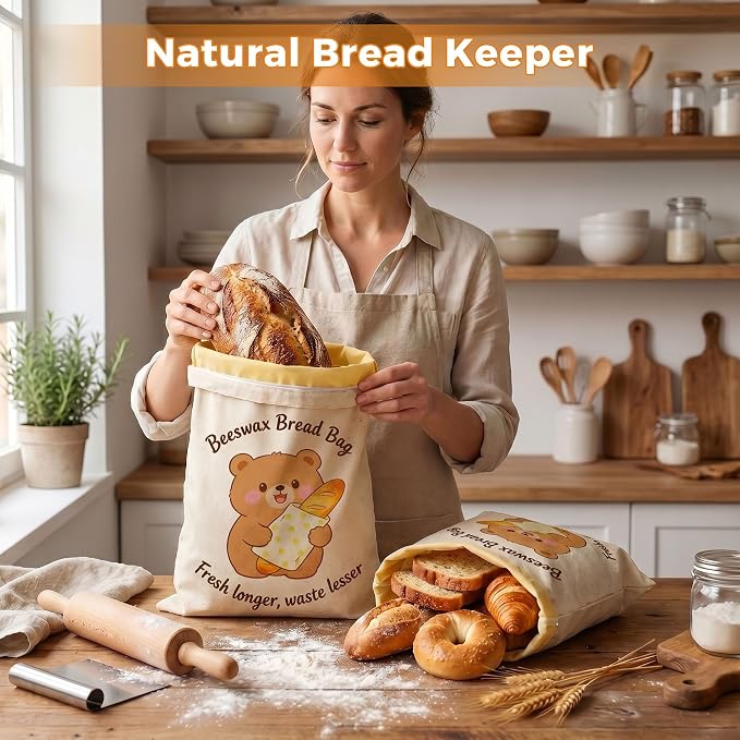 Beeswax Bread Bags for Homemade Bread - 2 Pack- Extra Large 17"×13" Reusable Sourdough Bread Bags for Storage with Zipper Closure, Keep Bread Fresh Naturally, Freezer Safe