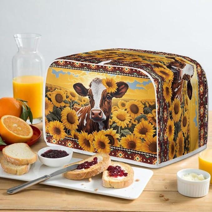 Sunflower Cow Print Toaster Cover for Home Office, Cute 4 Slice Wide Slot Toaster Appliance Cover, Dirtproof Bread Toaster Cover Bakeware Protector