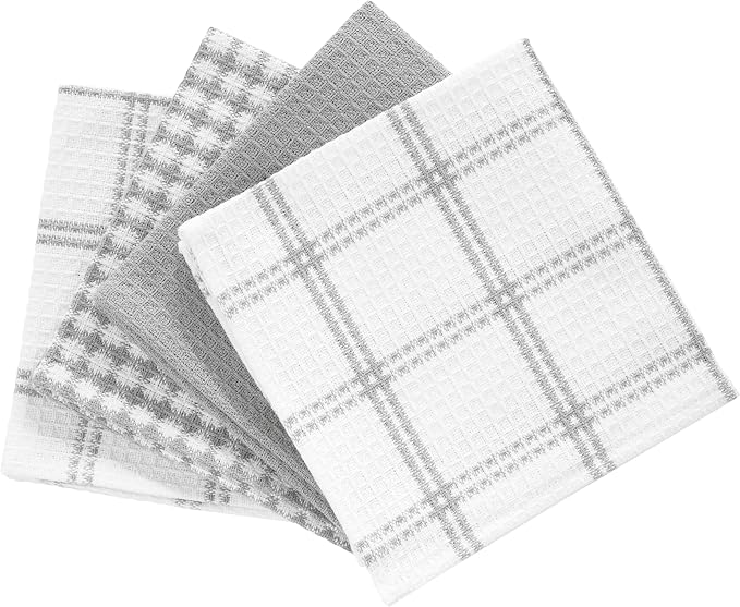 T-Fal Premium Waffle Dish Cloths: Highly Absorbent, Super Soft Long Lasting - 100% Cotton, 12"x13" Towel for Cleaning & Drying, (4-Pack), Grey