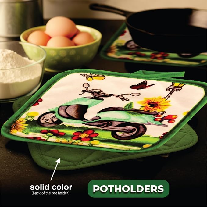 Sunflowers & Butterflies & Blue Scooter, 5 Piece Set | Kitchen Towel Set with 2 Decorative Dish Towels (25 X15), 1 Oven Mitt (11 X 7) and 2 Potholders (6.5 X 6.5)