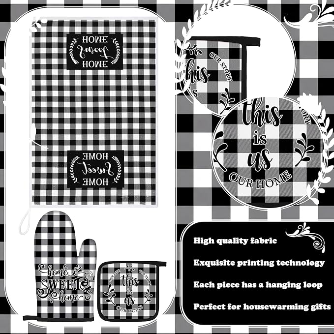 Leinuosen 8 Pcs Black White Plaid Kitchen Towels and Dishcloths Sets Pot Holders and Oven Mitts Sets Absorbent Kitchen Gloves Potholders Heat Resistant for Chef Baking Cooking