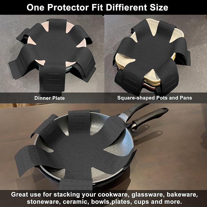 Pot & Pan Protectors - Silicone Pan Protectors for Stacking 3 Piece Black | Cookware protector pad, stacking pan protector; opening/fixing design separators pots and pans, nonstick cookware divider