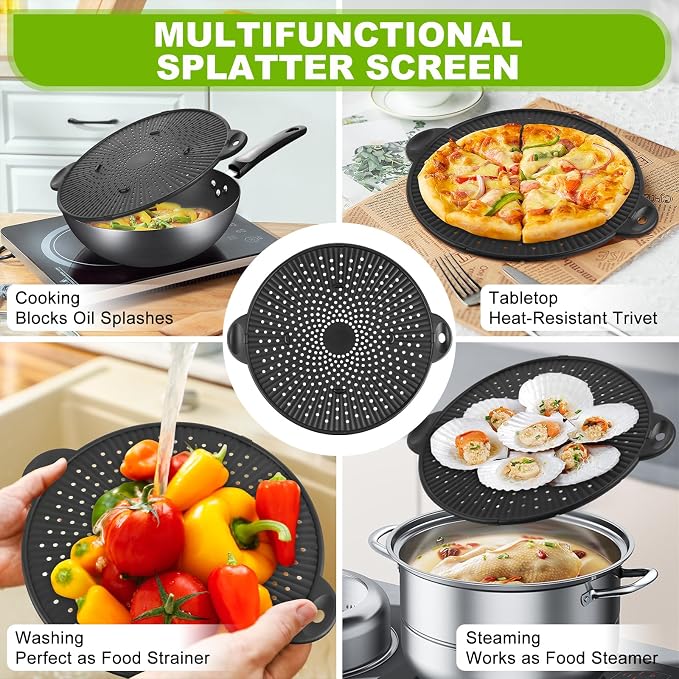 Silicone Splatter Screen for Frying Pan - 11 Inch Heat-Resistant Silicone Grease Splatter Guard, Multi-Use Oil Splash Guard for Kitchen Cooking Pan Cover, Dishwasher Safe