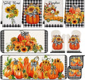 Fanfanwin 10 Pcs Fall Pumpkin Kitchen Decor Set Pumpkin Kitchen Rugs Towels Pot Holders Oven Mitts for Autumn Thanksgiving Decor for Baking Cooking BBQ Home