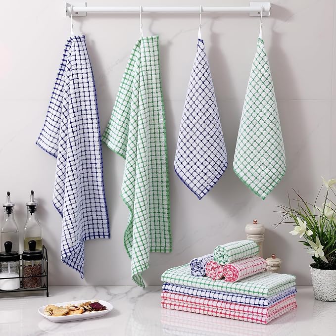 Homaxy Kitchen Towels and Dishcloths Set, Set of 12, Red/Blue/Green | Cotton Terry Kitchen Dish Towels, Super Soft and Absorbent Dish Cloths, 16 x 25 and 12 x 12 Inches