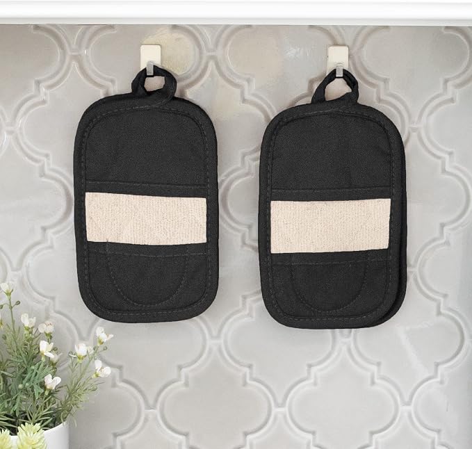 RITZ Premium Pot Holders & Heating Pads (4-Pack), 8.5" x 5.5", Heat Resistant, 100% Cotton Terry-Looped Pocket, Kitchen and Barbeque, Black