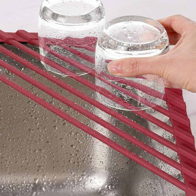 Tomorotec Roll Up Dish Drying Rack with Silicone Coating, Wine Red | 304 Stainless Steel with BPA-Free Silicone, Triangle Design Maximizes Sink Corner Space, Fits Compact Kitchens And RVs