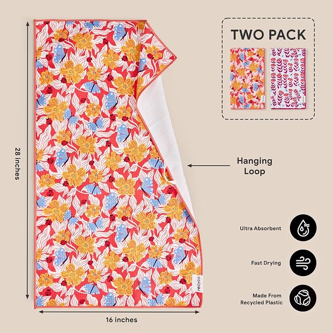 RECYCO Waffle Kitchen Towel Set of 2 - Quick Dry Microfiber Sustainable Dish Towels - Absorbent Reusable Cleaning Tea Towels - Lightweight Hand Towels,16”x 28”, Blossom Brilliance Pink