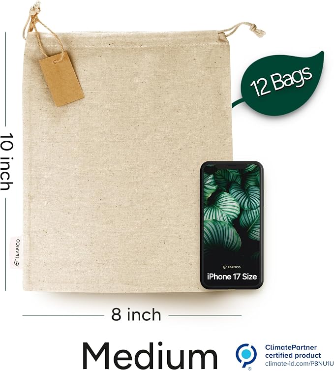 Organic Cotton Produce Bags - Medium 8x10 Inch (12 Bags) - Reusable Muslin Storage Bags with Drawstrings - Biodegradable Canvas Fabric - Perfect for Snacks, Clothes