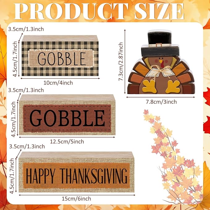 Lineshading 4 Pcs Fall Table Decorations Wooden Thanksgiving Turkey Decor | Turkey Tiered Tray Decor for Fall, Wooden Stacked Signs with Happy Thanksgiving Sayings, Rustic Autumn Tabletop Accents