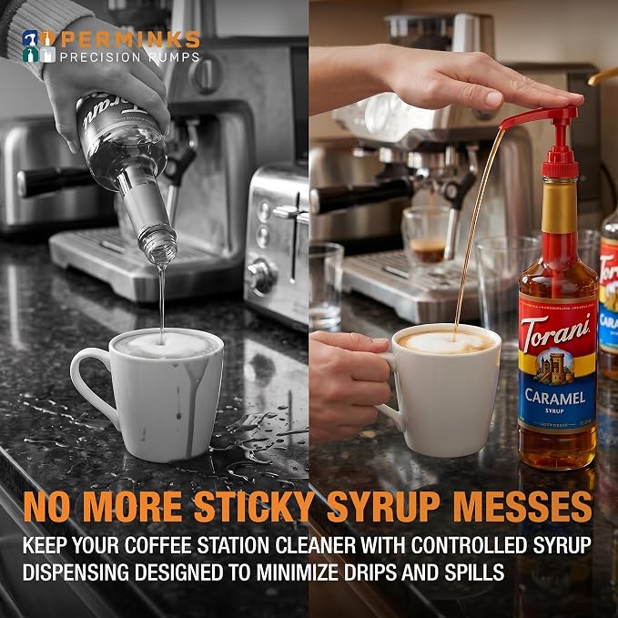 Syrup Pump, Compatible with 750ml Torani, Davinci & Skinny, 2-Pack, Red | Leak-free, 1/4oz precision pump with locking nozzle. Great for coffee bar accessories, dirty soda stations & dessert sauces