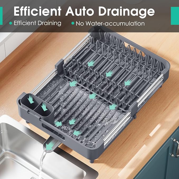 TOOLF Expandable Dish Drying Rack with Cutlery Holder, Standard, Grey | Over or In Sink Stainless Steel Dish Drainers for Compact Kitchen, Space Saving, Fast Drain, Rustproof, For 1-3 people