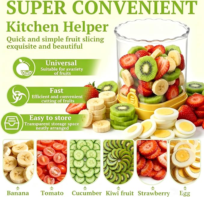 Hendiy Strawberry Slicer with Stainless Steel Blades | Egg & Fruit Slicer Cup for Banana, Cucumber, Mushroom | ABS Detachable Kitchen Gadget - Precision Berry Cutter Tool (Yellow, 1-Pack)