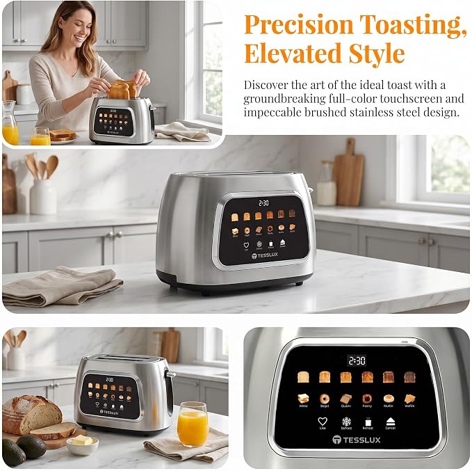 Tesslux Toaster 2 Slice, Extra Wide Slot, 800W, Touch Screen Panel, Silver | LED Countdown, 6 Bread Modes, 6 Browning Levels, Memory Button, Defrost, Reheat, Cancel, Crumb Tray, Brushed Stainless Steel