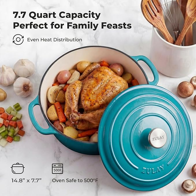 Zulay Kitchen 7.7 Quart Enameled Cast Iron Dutch Oven Pot with Lid – Premium Durability & Oven Safe up to 500°F – Heavy Duty Cookware Perfect for Bread Baking, Stews, Braising & Roasting – Light Blue